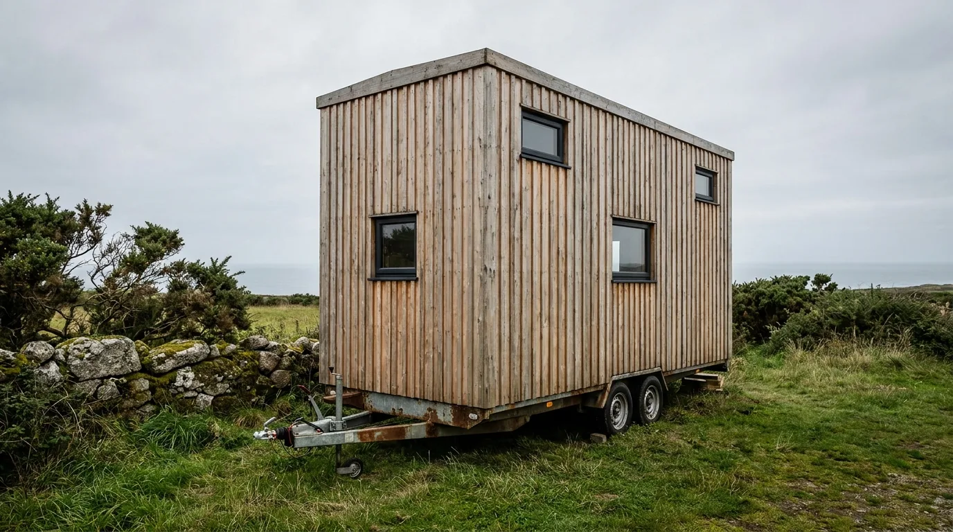 Tiny house en bois sur remorque près d'un muret de granit, face à la mer