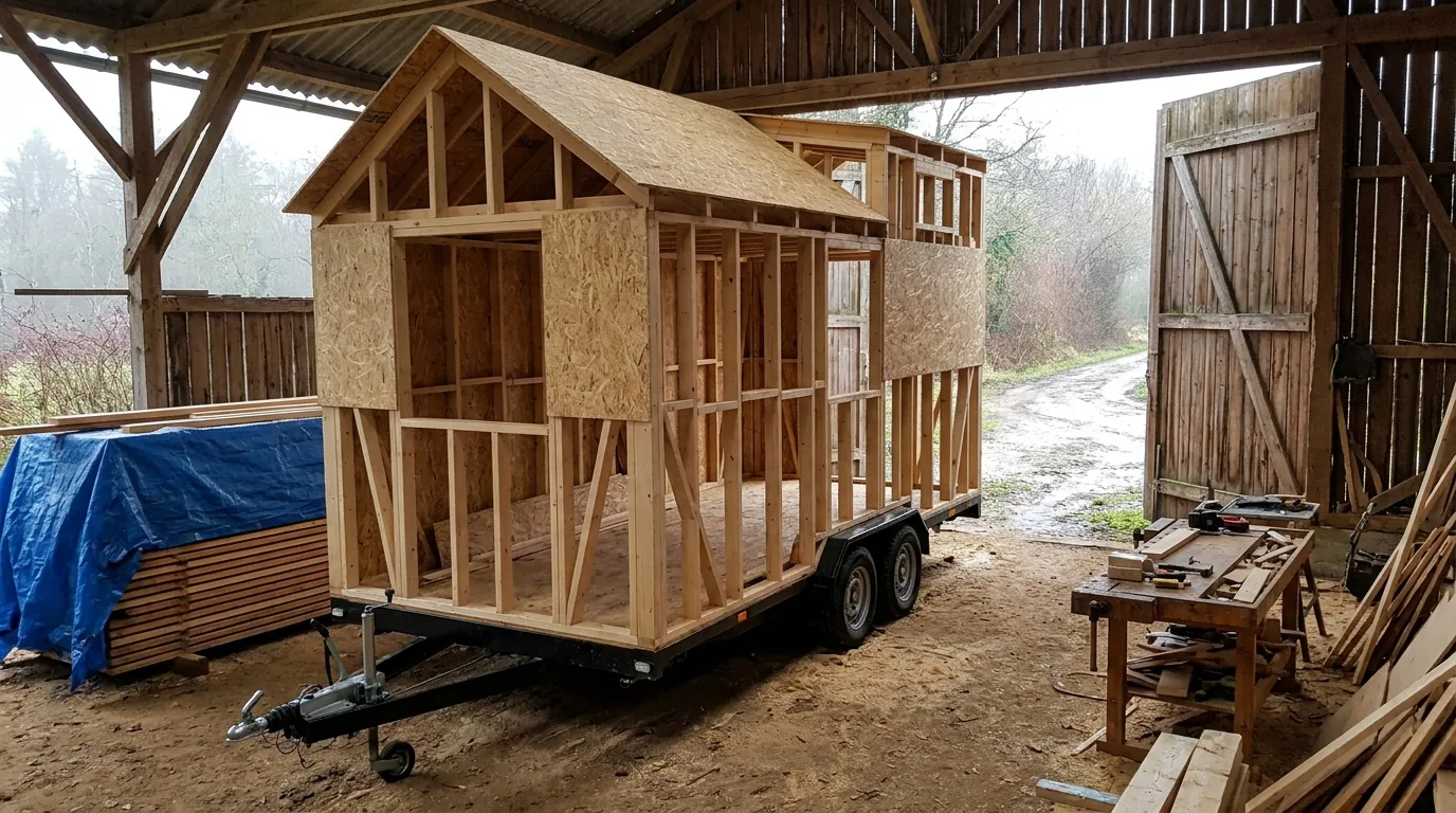 Tiny house en construction sur sa remorque double essieu, à l'abri d'un hangar en bois