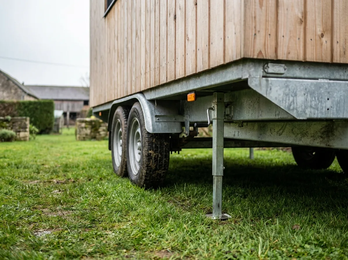 Châssis de remorque, roues jumelées et béquille d'une tiny house en bois posée sur l'herbe